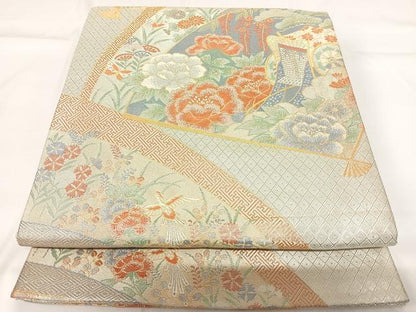 平和屋着物◎宝珠本佐賀錦 六通柄袋帯 九百錦 御所車花文 金糸 正絹 逸品 AABG2230yx