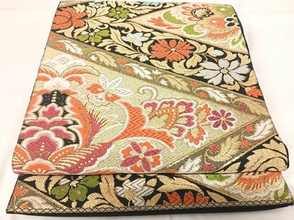 平和屋着物◎六通柄京袋帯　唐織　更紗花文　黒地　金糸　正絹　逸品　AABG2241yx