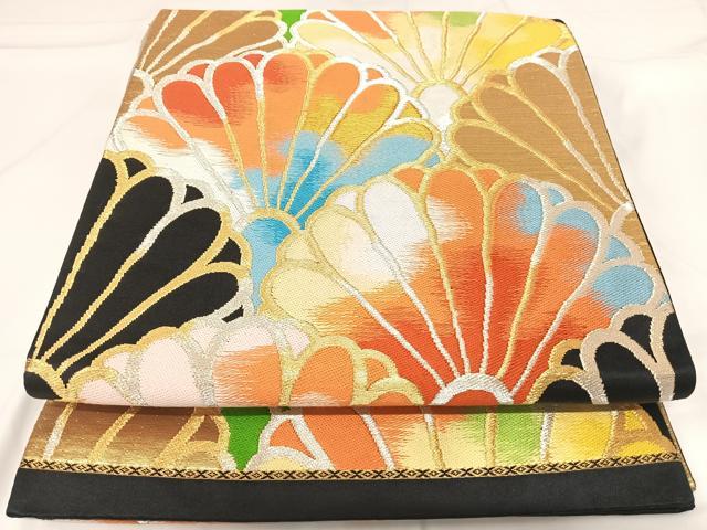 平和屋着物◎六通柄袋帯　唐織　菊青海波　黒地　金銀糸　正絹　逸品　AABG2243yx