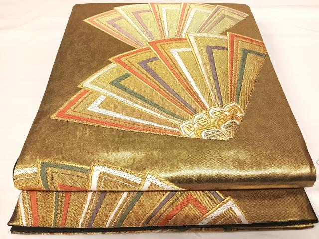 平和屋着物◎六通柄袋帯　唐織　末広　舞扇文　金糸　引箔　正絹　逸品　AABG2251yx
