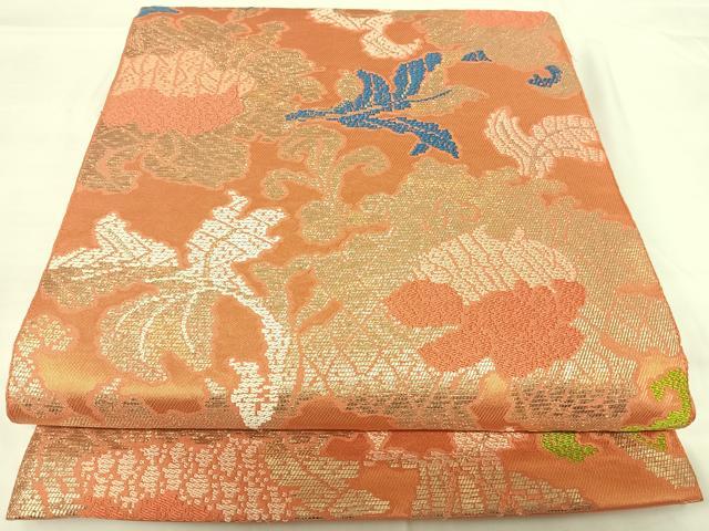 平和屋着物◎六通柄　本袋帯　唐織　草花文　金糸　正絹　逸品　AABG2264yx