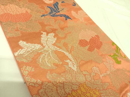 平和屋着物◎六通柄　本袋帯　唐織　草花文　金糸　正絹　逸品　AABG2264yx