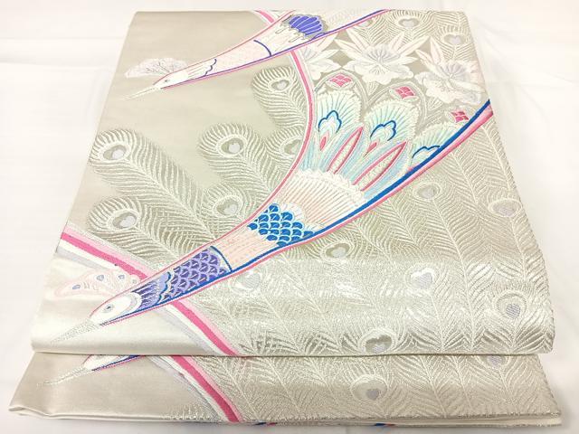 平和屋着物◎六通柄袋帯　唐織　吉翔瑞鶴文　銀糸　正絹　逸品　AABG2267yx