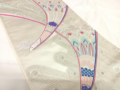 平和屋着物◎六通柄袋帯　唐織　吉翔瑞鶴文　銀糸　正絹　逸品　AABG2267yx