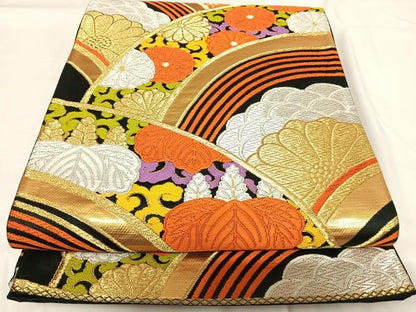 平和屋着物◎六通柄袋帯　唐織　立波花文　黒地　金銀糸　正絹　逸品　AABG2268yx