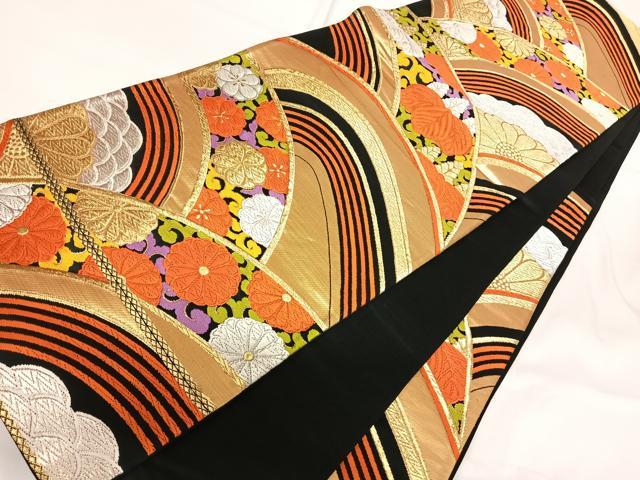 平和屋着物◎六通柄袋帯　唐織　立波花文　黒地　金銀糸　正絹　逸品　AABG2268yx