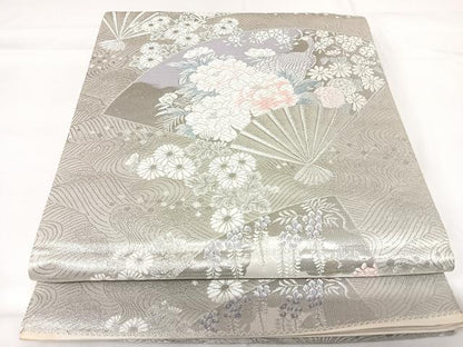 平和屋着物◎六通柄袋帯　唐織　九百錦　プラチナ二重箔　扇面花鳥文　正絹　逸品　AABG2269yx