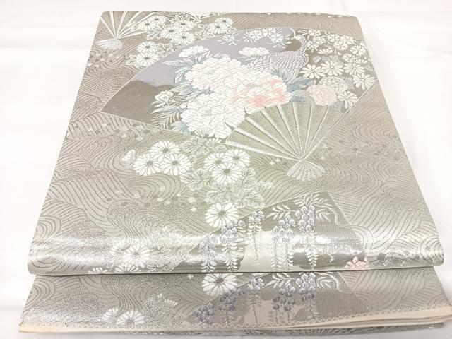 平和屋着物◎六通柄袋帯　唐織　九百錦　プラチナ二重箔　扇面花鳥文　正絹　逸品　AABG2269yx