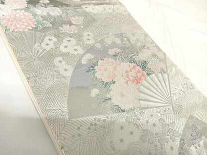 平和屋着物◎六通柄袋帯　唐織　九百錦　プラチナ二重箔　扇面花鳥文　正絹　逸品　AABG2269yx