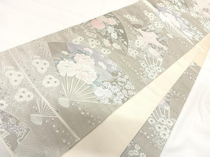 平和屋着物◎六通柄袋帯　唐織　九百錦　プラチナ二重箔　扇面花鳥文　正絹　逸品　AABG2269yx