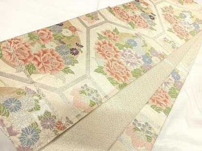平和屋着物◎佐賀錦　六通柄袋帯　蜀江花文　銀糸　正絹　逸品　AABG2271yx