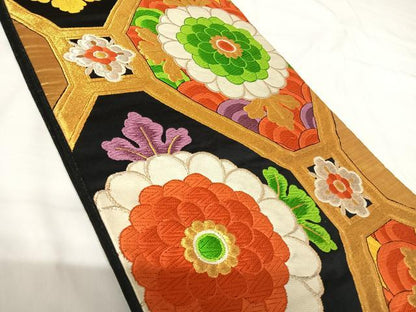 平和屋着物◎六通柄袋帯　唐織　蜀江花文　黒地　金銀糸　正絹　逸品　AABG2275yx