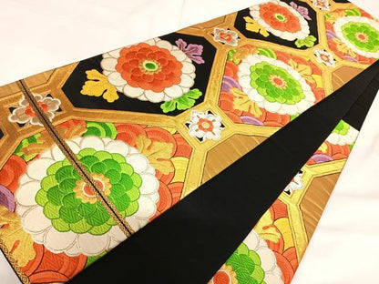 平和屋着物◎六通柄袋帯　唐織　蜀江花文　黒地　金銀糸　正絹　逸品　AABG2275yx