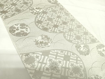 平和屋着物◎六通柄袋帯　エ霞花文　銀糸　正絹　逸品　AABG2276yx