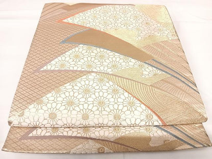 平和屋着物◎六通柄袋帯　唐織　扇面花文　金糸　正絹　逸品　AABG2277yx