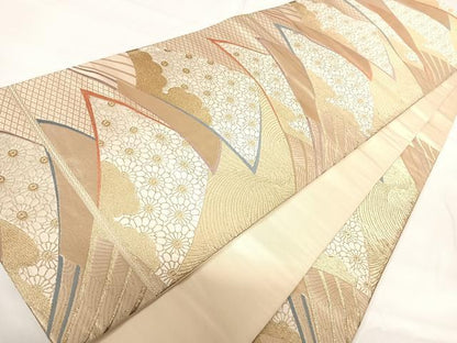平和屋着物◎六通柄袋帯　唐織　扇面花文　金糸　正絹　逸品　AABG2277yx
