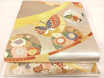 平和屋着物◎六通柄袋帯　唐織　花蝶丸文　金銀糸　正絹　逸品　AABG2300yx