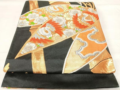 平和屋着物◎六通柄袋帯 唐織 花鳥文 黒地 金銀糸 正絹 逸品 AABG2305yx