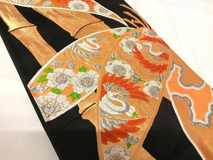 平和屋着物◎六通柄袋帯 唐織 花鳥文 黒地 金銀糸 正絹 逸品 AABG2305yx