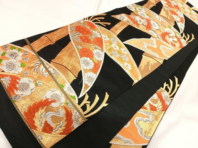 平和屋着物◎六通柄袋帯 唐織 花鳥文 黒地 金銀糸 正絹 逸品 AABG2305yx