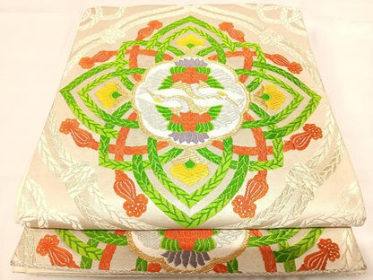 平和屋着物◎六通柄袋帯　唐織　向かい鶴　金銀糸　正絹　逸品　AABG2309yx