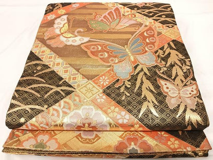 平和屋着物◎九百佐賀錦　六通柄袋帯　能蝶唐華文　金糸　正絹　逸品　AABG2312yx