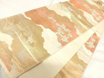 平和屋着物◎六通柄袋帯　霞花文　金銀糸　正絹　逸品　AABG2314yx