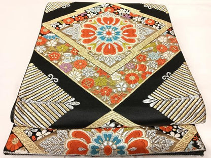 平和屋着物◎六通柄京袋帯　唐織　松皮菱花文　黒地　金銀糸　正絹　逸品　AABG2317yx