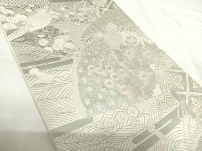 平和屋着物◎六通柄袋帯　唐織　染錦桃山扇面文　プラチナ箔　正絹　逸品　AABG2324yx