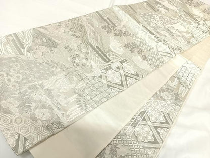 平和屋着物◎六通柄袋帯　唐織　染錦桃山扇面文　プラチナ箔　正絹　逸品　AABG2324yx