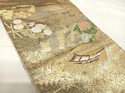 平和屋着物◎六通柄袋帯　唐織　地紙花文　金糸　正絹　逸品　AABG2325yx