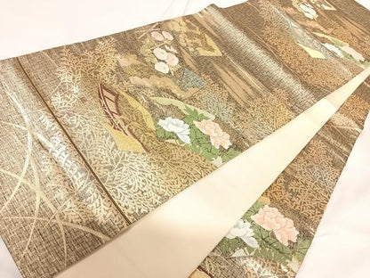 平和屋着物◎六通柄袋帯　唐織　地紙花文　金糸　正絹　逸品　AABG2325yx