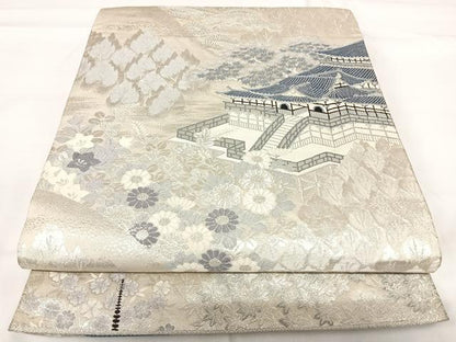 平和屋着物◎六通柄袋帯　唐織　風景花文　銀糸　正絹　逸品　AABG2327yx