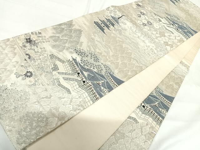 平和屋着物◎六通柄袋帯　唐織　風景花文　銀糸　正絹　逸品　AABG2327yx