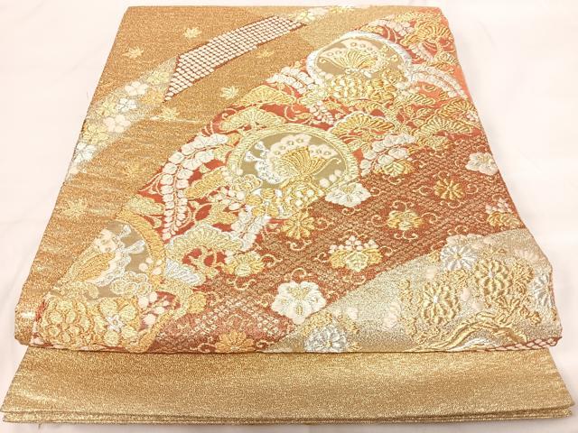 平和屋着物◎太鼓柄袋帯　唐織　研彩能衣文様　金銀糸　正絹　逸品　AABG2336yx