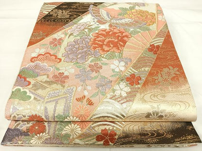 平和屋着物◎佐賀錦 六通柄袋帯 扇面花蝶文 金銀糸 正絹 逸品 AABG2338yx