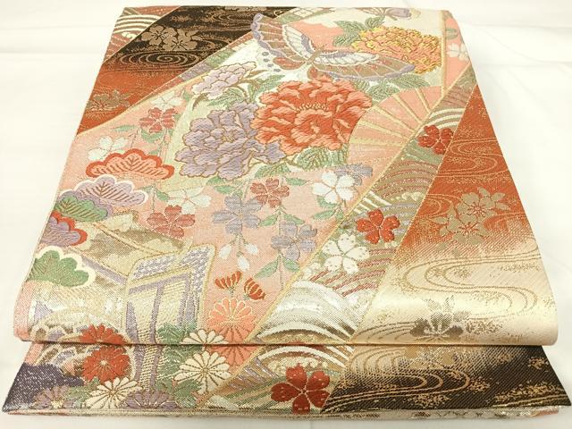 平和屋着物◎佐賀錦 六通柄袋帯 扇面花蝶文 金銀糸 正絹 逸品 AABG2338yx
