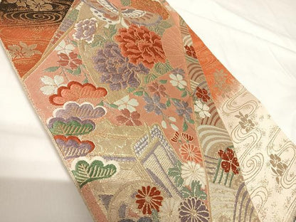 平和屋着物◎佐賀錦 六通柄袋帯 扇面花蝶文 金銀糸 正絹 逸品 AABG2338yx