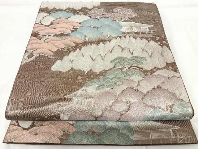 平和屋着物◎六通柄袋帯　九百緞子織　風景文　正絹　逸品　AABG2357yx