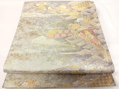 平和屋着物◎六通柄袋帯　唐織　紅松扇面の舞　金銀糸　正絹　逸品　AABG2365yx