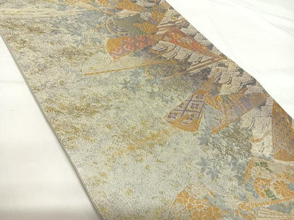 平和屋着物◎六通柄袋帯　唐織　紅松扇面の舞　金銀糸　正絹　逸品　AABG2365yx