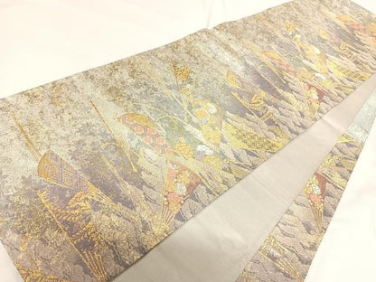 平和屋着物◎六通柄袋帯　唐織　紅松扇面の舞　金銀糸　正絹　逸品　AABG2365yx