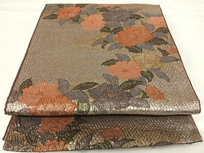 平和屋着物◎六通柄袋帯　ふくれ織　草花文　金銀糸　正絹　逸品　AABG2366yx