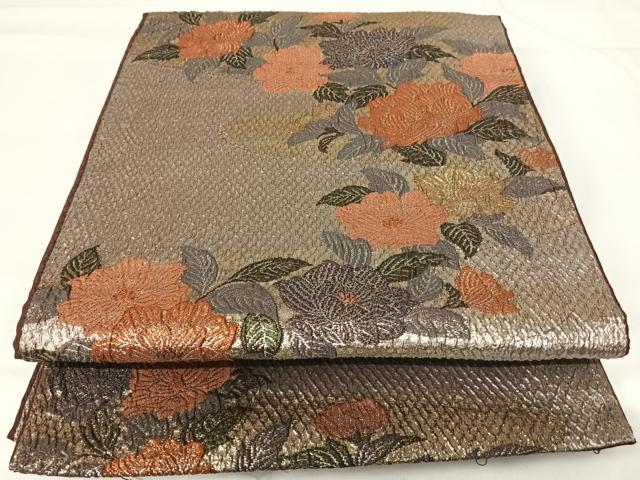 平和屋着物◎六通柄袋帯　ふくれ織　草花文　金銀糸　正絹　逸品　AABG2366yx
