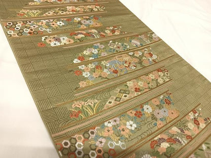 平和屋着物◎六通柄袋帯 唐織 横段花文 金糸 正絹 逸品 AABG2367yx