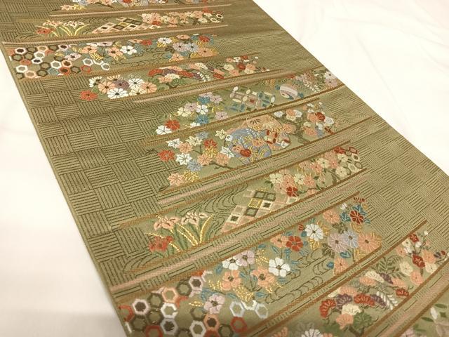 平和屋着物◎六通柄袋帯 唐織 横段花文 金糸 正絹 逸品 AABG2367yx