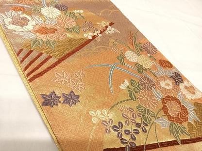 平和屋着物◎佐賀錦　六通柄袋帯　唐織　花蝶文　金糸　正絹　逸品　AABG2370yx