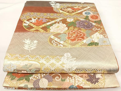 平和屋着物◎六通柄袋帯 唐織 エ霞花文 金糸 正絹 逸品 AABG2372yx