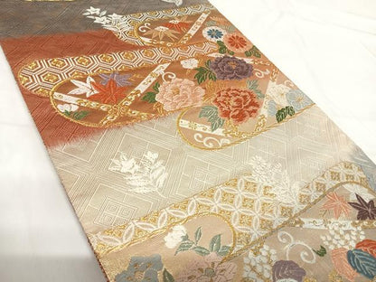 平和屋着物◎六通柄袋帯 唐織 エ霞花文 金糸 正絹 逸品 AABG2372yx