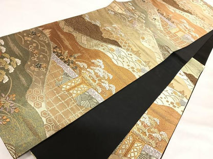 平和屋着物◎六通柄袋帯 唐織 三千院 紫峰水明 金銀糸 正絹 逸品 AABG2374yx
